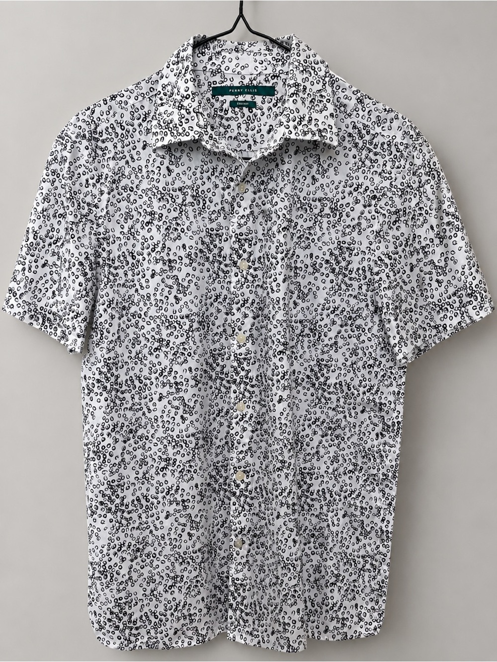 Perry Ellis Short-Sleeve Button-Down Shirt in White & Black Dot Print